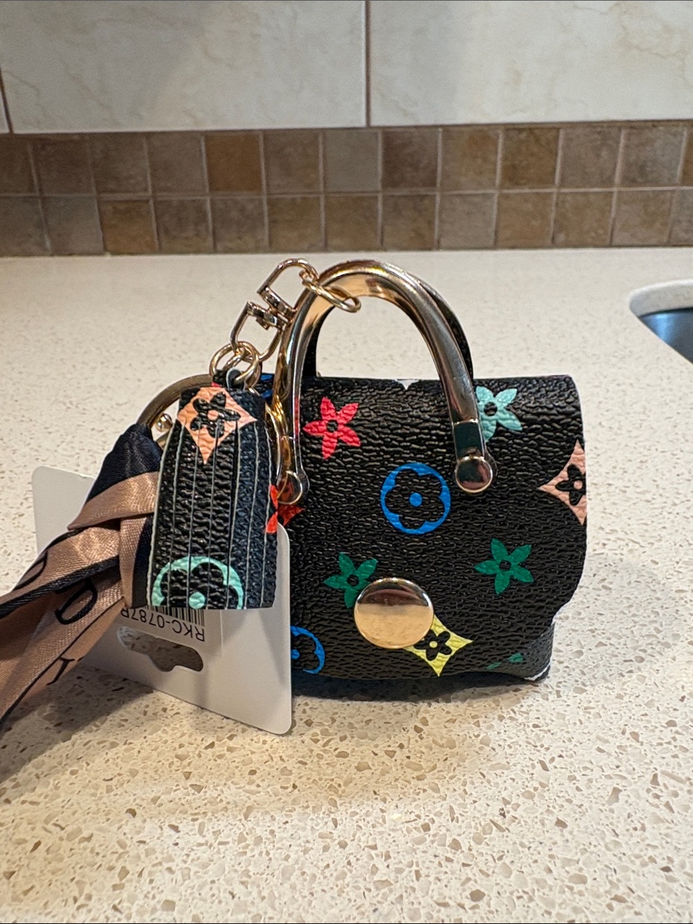 Designer-Style Black Mini Handbag Keychain/Bag Charm with Multicolor Monogram